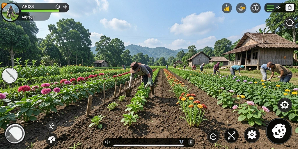Screenshot gameplay API33 menunjukkan keseruan berkebun dengan tanaman yang subur.