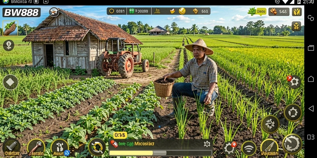 Screenshot BW888 menampilkan pemain mengelola kebun yang luas dengan beragam tanaman.