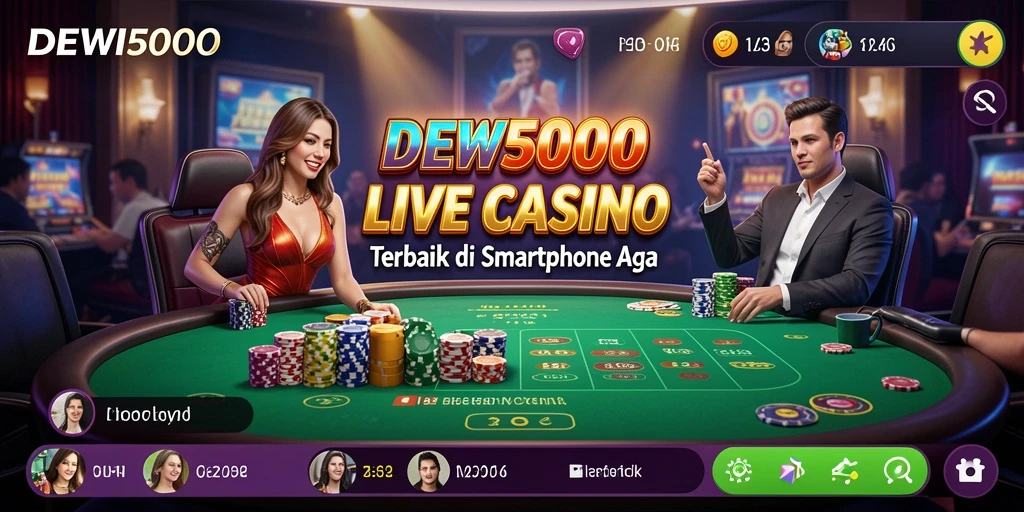 Screenshot gameplay DEWI5000 menunjukkan dealer langsung yang berinteraksi dengan pemain.