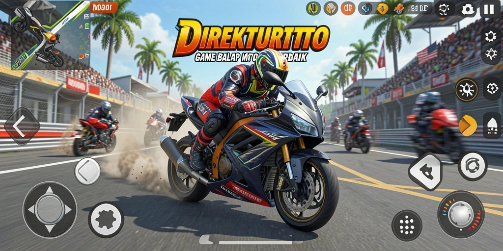 Screenshot menunjukkan balapan seru dengan motor cepat di lintasan.