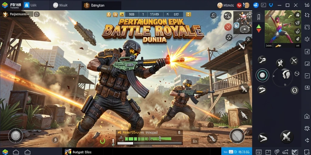 Menampilkan aksi seru dari gameplay Battle Royale FB168.