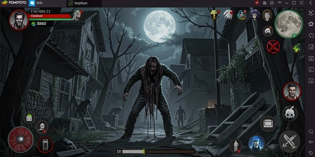 Tampilan gameplay FOMOTOTO dengan suasana menakutkan dan karakter yang menyeramkan.