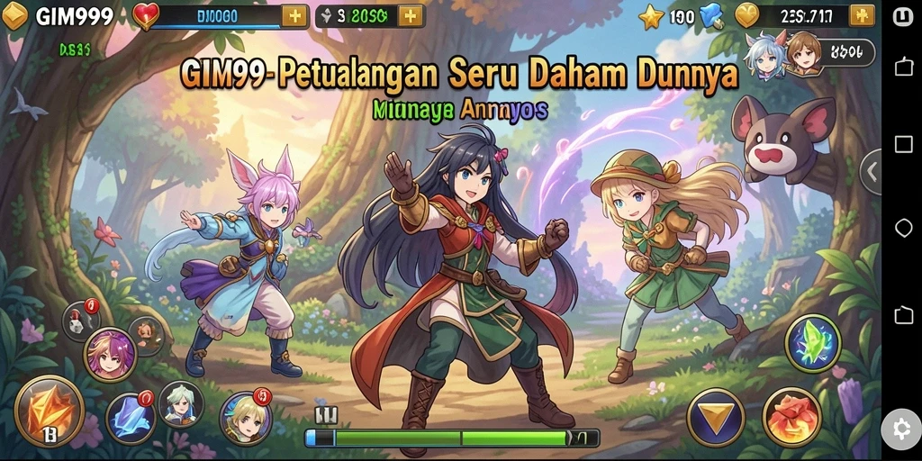 Screenshot gameplay GIM999 dengan karakter anime yang menonjol.