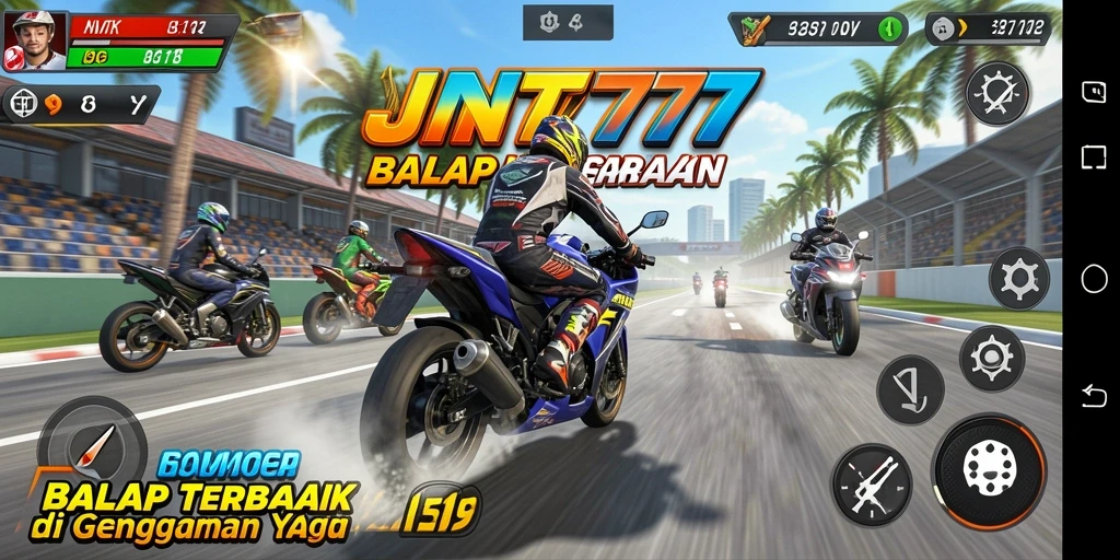 Screenshot JNT777 menunjukkan balapan motor yang mendebarkan di trek yang menantang.
