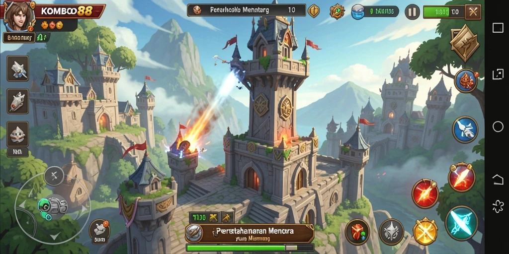 Tampilan gameplay menara pertahanan yang seru dan strategis di KOMBO88.