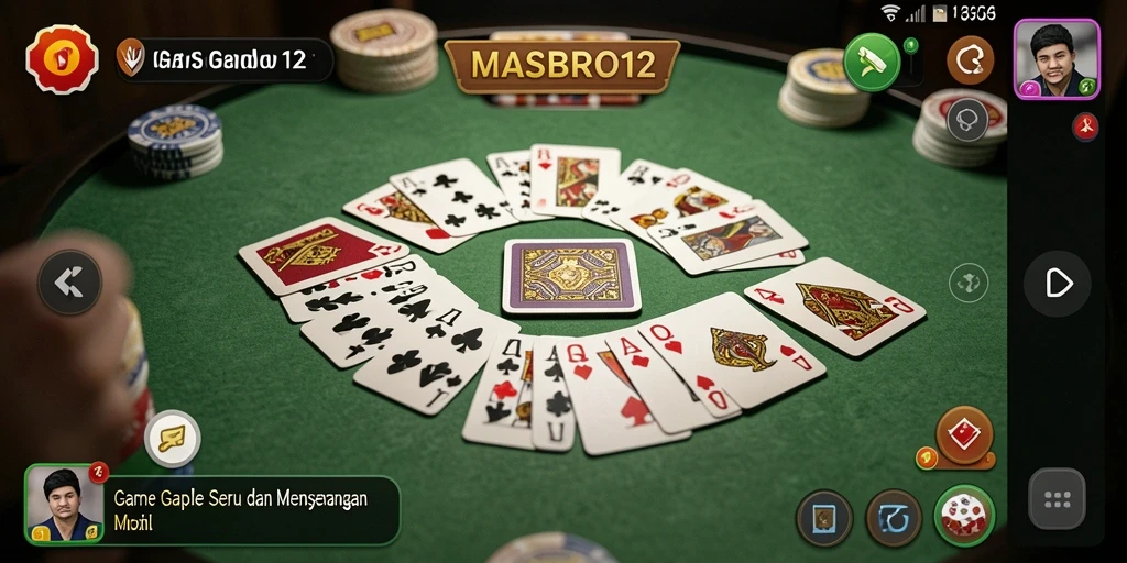 Screenshot utama MASBRO12 menampilkan gameplay Gaple yang menegangkan.