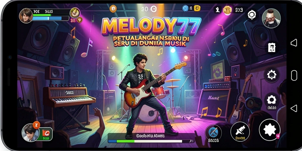 Screenshot utama MELODY77 menunjukkan aksi seru dalam petualangan penuh musik.