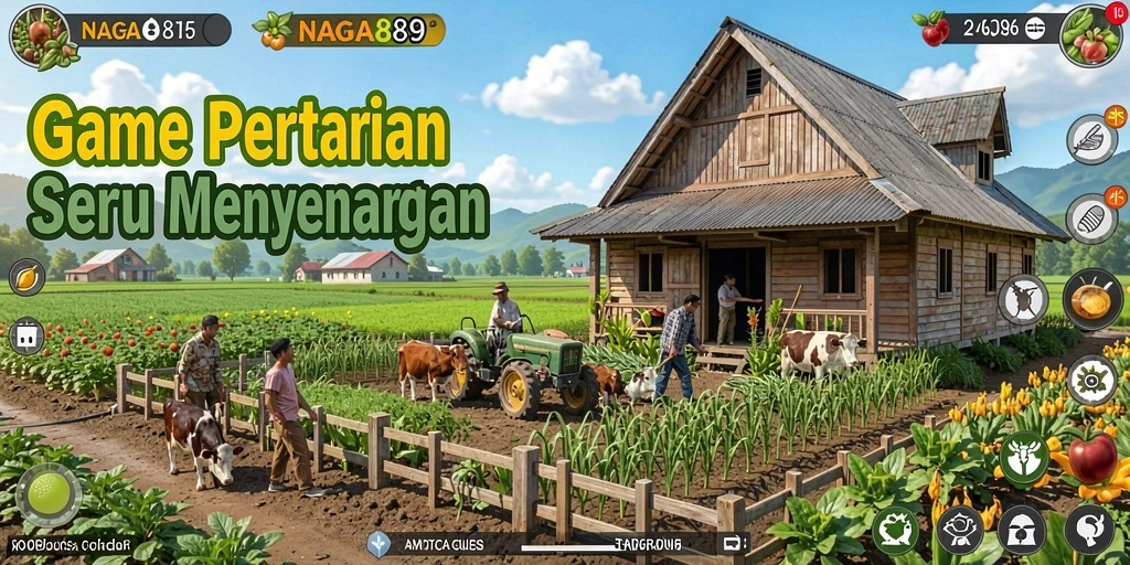 Tampilan gameplay NAGA889 dengan lahan pertanian yang subur dan beragam tanaman.