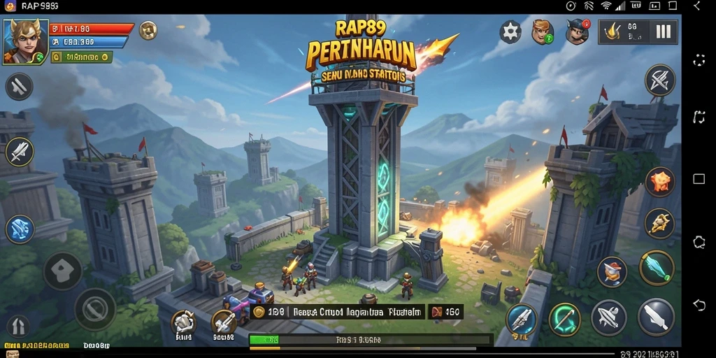 Tampilan gameplay RAP89 dengan menara pertahanan yang strategis.