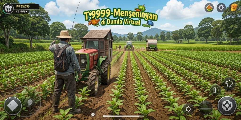 Tangkapan layar gameplay T9999 menunjukkan aktivitas pertanian yang seru.