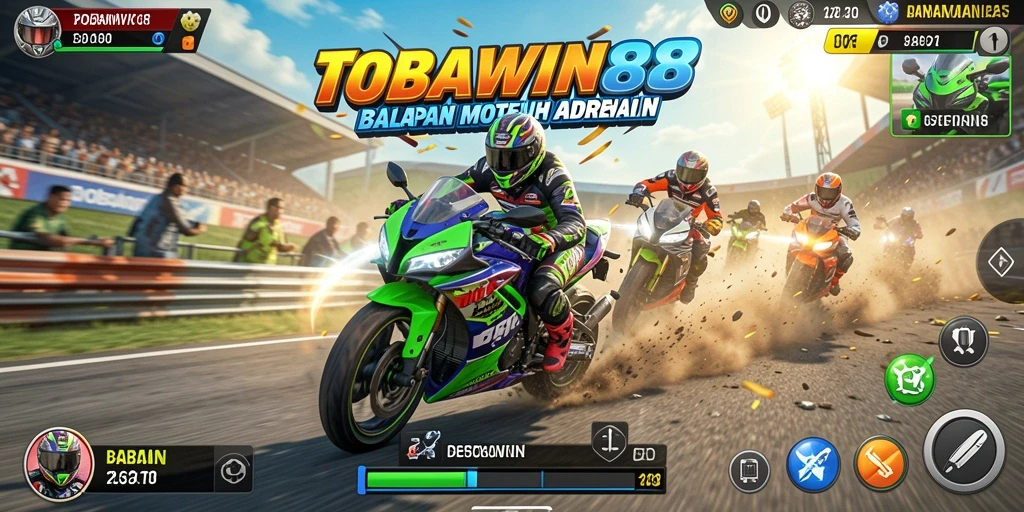Screenshot utama TOBAWIN88 menampilkan aksi balapan motor yang seru.