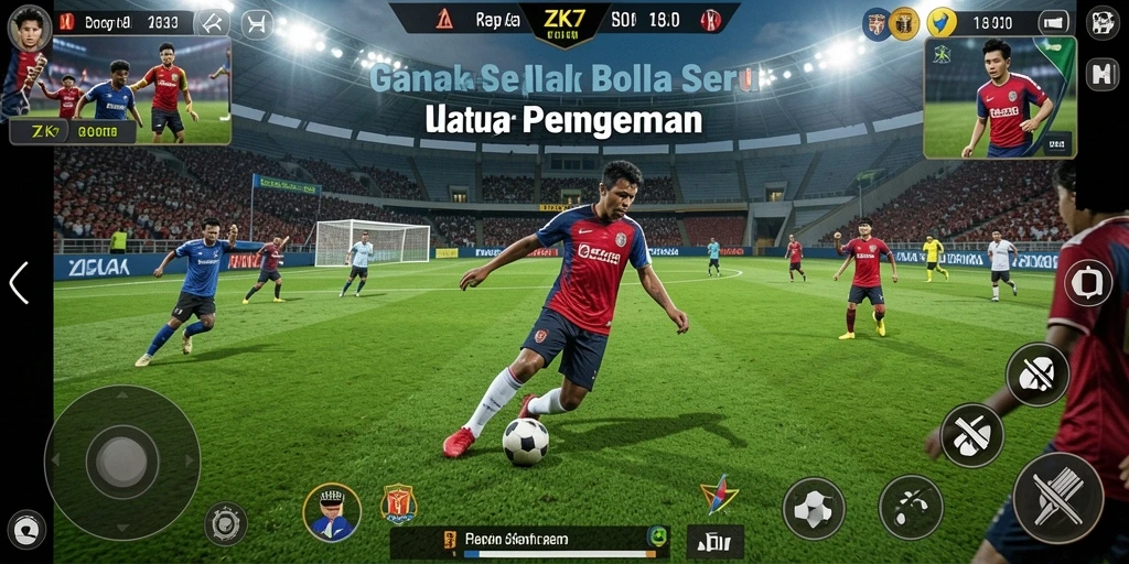 Screenshot gameplay ZK7 menampilkan aksi mendebarkan di lapangan sepak bola.